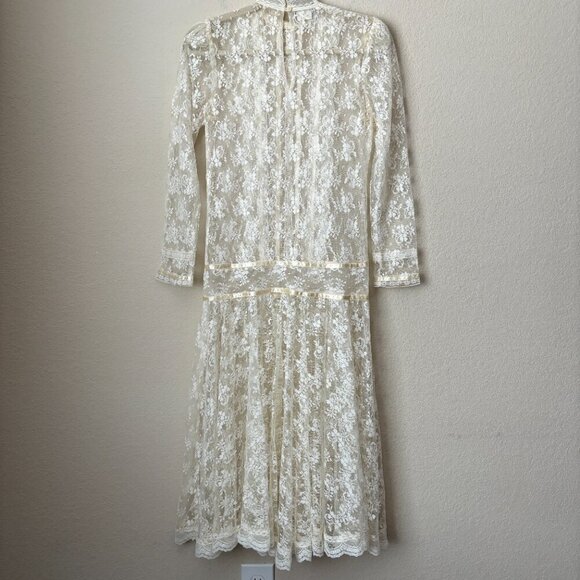 Gunne Sax by Jessica McClintock Vintage 80's Lace Drop Waist Bridal Midi Dress - Picture 10 of 13